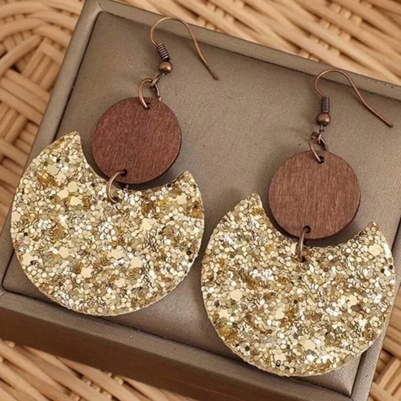 Gold and Brown Dangle Earrings - Picture 2 of 5